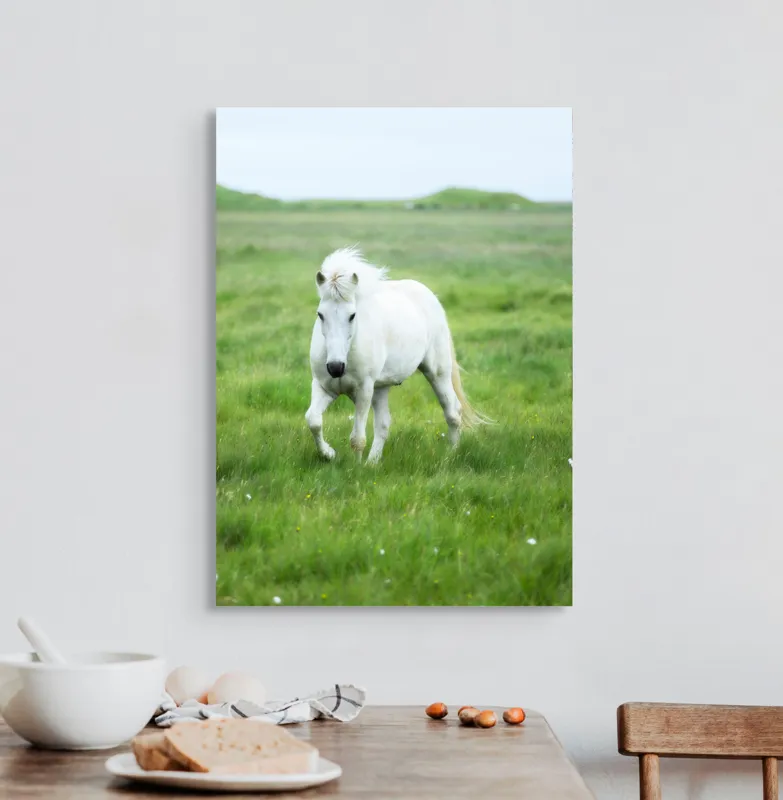 Tablou Canvas, "Călătorie prin pajiștea verde intens", Cal, Alb, Pășune, Verde, Blând, Peisaj, Natural, Câmpie, 50 x 70 cm – poza 3