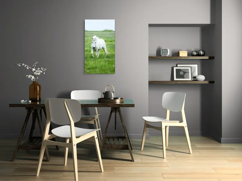 Tablou Canvas, "Călătorie prin pajiștea verde intens", Cal, Alb, Pășune, Verde, Blând, Peisaj, Natural, Câmpie, 50 x 90 cm – poza 4