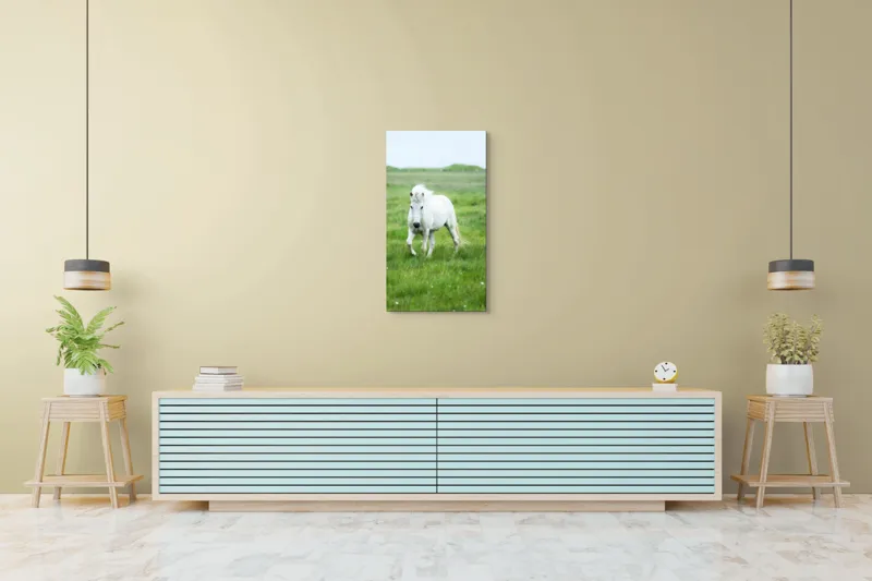 Tablou Canvas, "Călătorie prin pajiștea verde intens", Cal, Alb, Pășune, Verde, Blând, Peisaj, Natural, Câmpie, 50 x 90 cm – poza 6