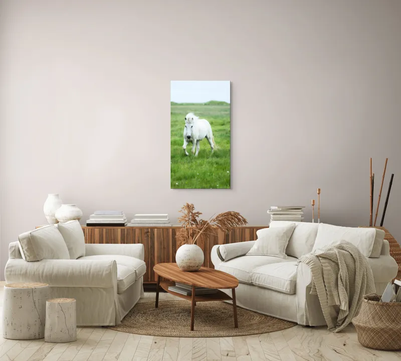 Tablou Canvas, "Călătorie prin pajiștea verde intens", Cal, Alb, Pășune, Verde, Blând, Peisaj, Natural, Câmpie, 50 x 90 cm – poza 7