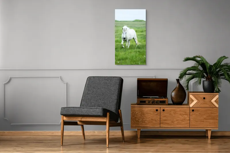 Tablou Canvas, "Călătorie prin pajiștea verde intens", Cal, Alb, Pășune, Verde, Blând, Peisaj, Natural, Câmpie, 50 x 90 cm – poza 8