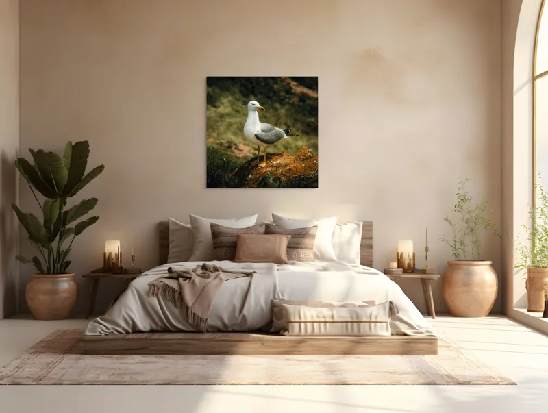 Tablou Canvas, "Pescărușul pe stânca ruginită", Pescăruș, Stâncă, Verdeață, Serenitate, Natură, 100 x 100 cm – poza 4
