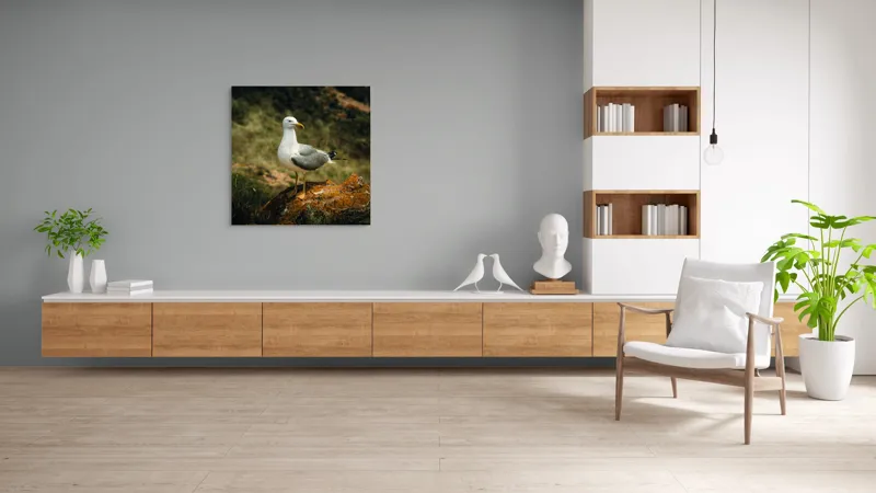 Tablou Canvas, "Pescărușul pe stânca ruginită", Pescăruș, Stâncă, Verdeață, Serenitate, Natură, 100 x 100 cm – poza 8