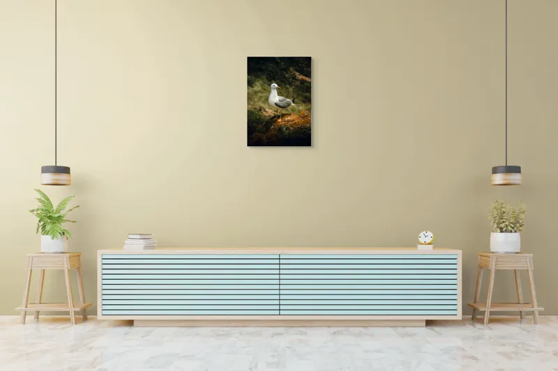 Tablou Canvas, "Pescărușul pe stânca ruginită", Pescăruș, Stâncă, Verdeață, Serenitate, Natură, 50 x 70 cm – poza 6