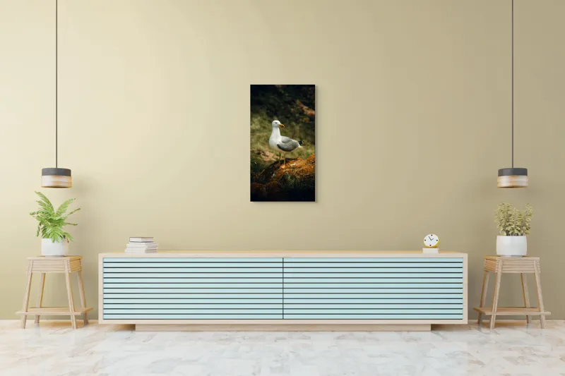 Tablou Canvas, "Pescărușul pe stânca ruginită", Pescăruș, Stâncă, Verdeață, Serenitate, Natură, 50 x 90 cm – poza 6