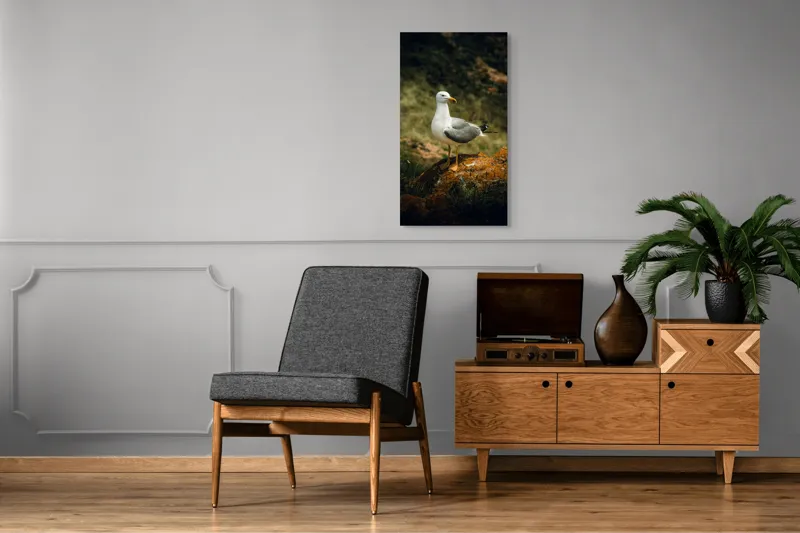 Tablou Canvas, "Pescărușul pe stânca ruginită", Pescăruș, Stâncă, Verdeață, Serenitate, Natură, 50 x 90 cm – poza 8