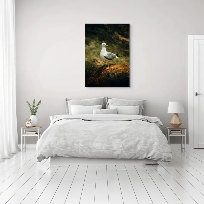 Tablou Canvas, "Pescărușul pe stânca ruginită", Pescăruș, Stâncă, Verdeață, Serenitate, Natură, 70 x 100 cm – poza 3