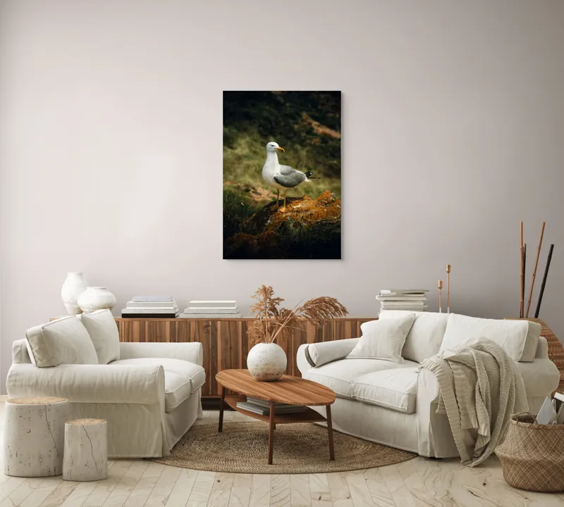 Tablou Canvas, "Pescărușul pe stânca ruginită", Pescăruș, Stâncă, Verdeață, Serenitate, Natură, 70 x 100 cm – poza 4