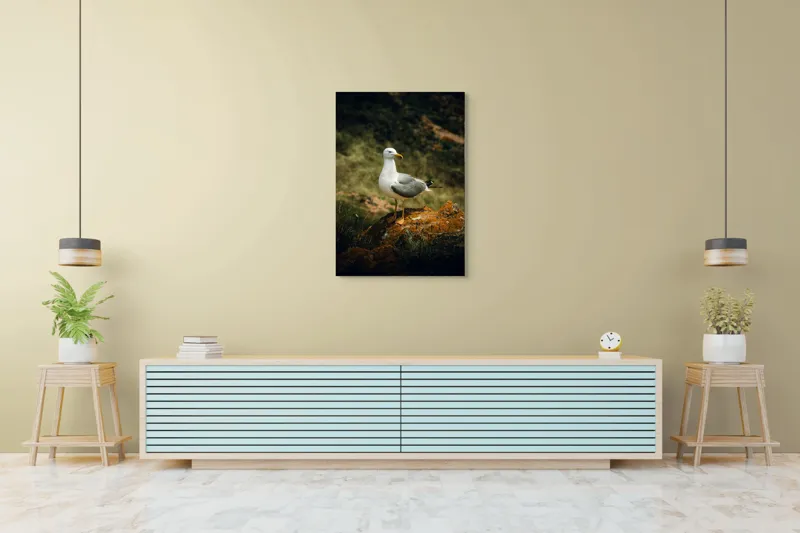 Tablou Canvas, "Pescărușul pe stânca ruginită", Pescăruș, Stâncă, Verdeață, Serenitate, Natură, 70 x 100 cm – poza 5