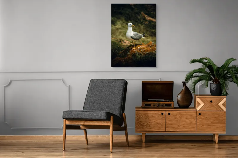Tablou Canvas, "Pescărușul pe stânca ruginită", Pescăruș, Stâncă, Verdeață, Serenitate, Natură, 70 x 100 cm – poza 6