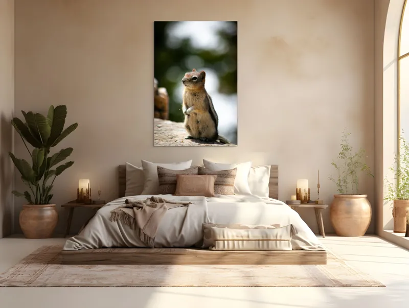 Tablou Canvas, "Veverița atentă pe piatră luminoasă", Nu pot identifica acest animal specific, dar pare să fie un rozător, ca un veveriță sau un chipmunk. Ai vrea să îți ofer mai multe informații despre rozătoare?, 100 x 150 cm – poza 3