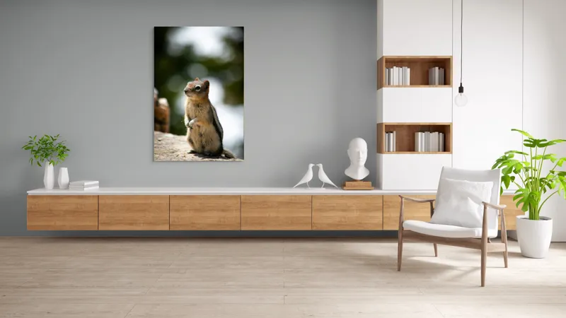 Tablou Canvas, "Veverița atentă pe piatră luminoasă", Nu pot identifica acest animal specific, dar pare să fie un rozător, ca un veveriță sau un chipmunk. Ai vrea să îți ofer mai multe informații despre rozătoare?, 100 x 150 cm – poza 8