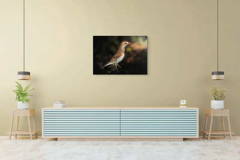 Tablou Canvas, "Privighetoarea în clar de lumină", Pasăre, Penaj, Albastru, Pădure, Lumină, Contrast, Frumusețe, Sălbăticie, 100 x 70 cm – poza 4