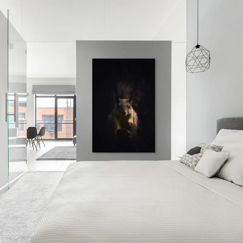Tablou Canvas, "Veverița în lumina înserării", Squirrel, Darkness, Focus, Shadow, Secretive, 100 x 150 cm – poza 5