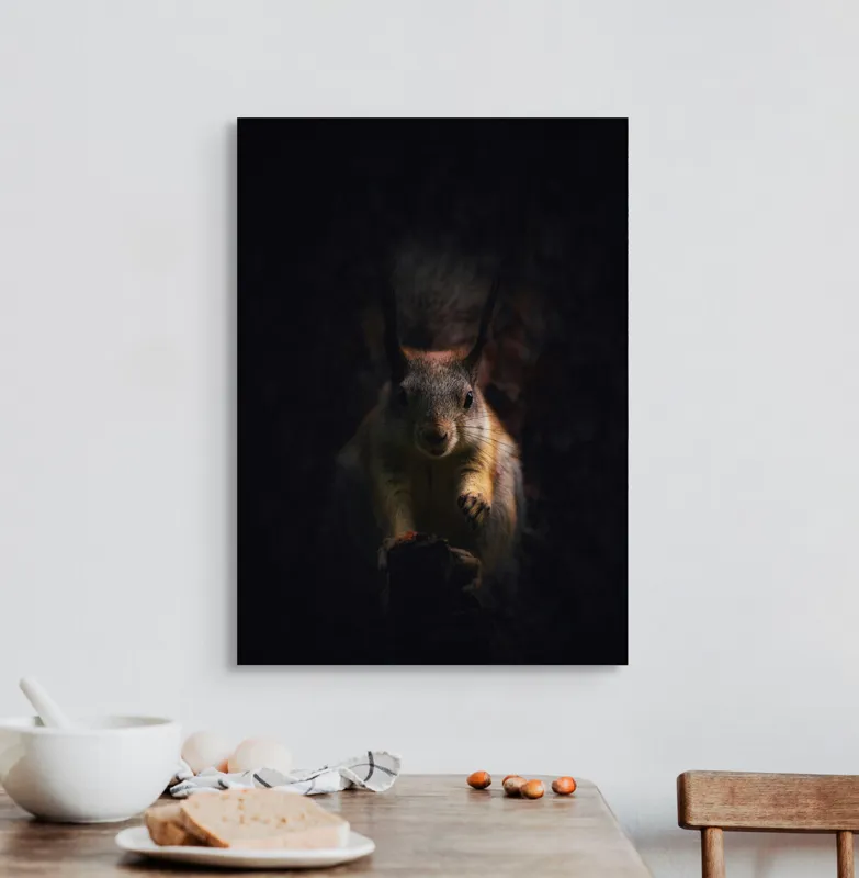 Tablou Canvas, "Veverița în lumina înserării", Squirrel, Darkness, Focus, Shadow, Secretive, 50 x 70 cm – poza 3