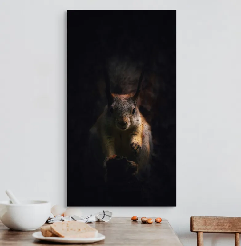 Tablou Canvas, "Veverița în lumina înserării", Squirrel, Darkness, Focus, Shadow, Secretive, 50 x 90 cm – poza 3