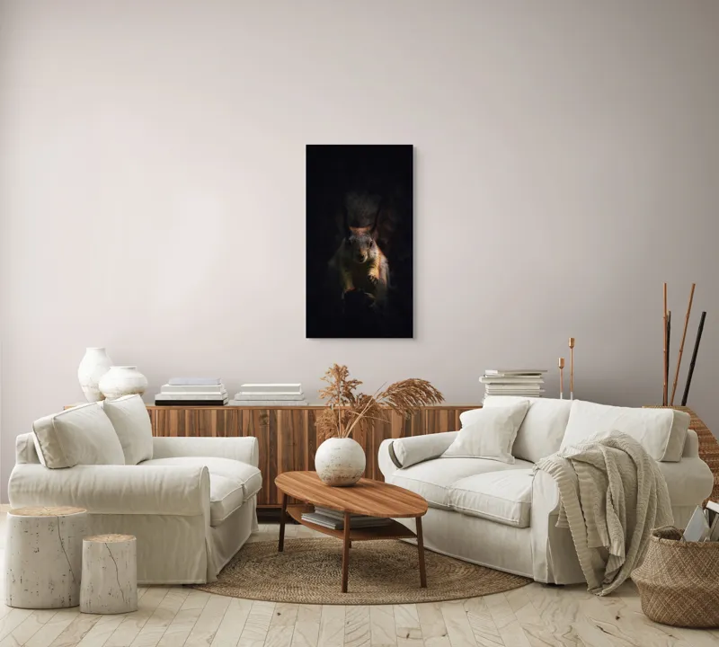 Tablou Canvas, "Veverița în lumina înserării", Squirrel, Darkness, Focus, Shadow, Secretive, 50 x 90 cm – poza 7