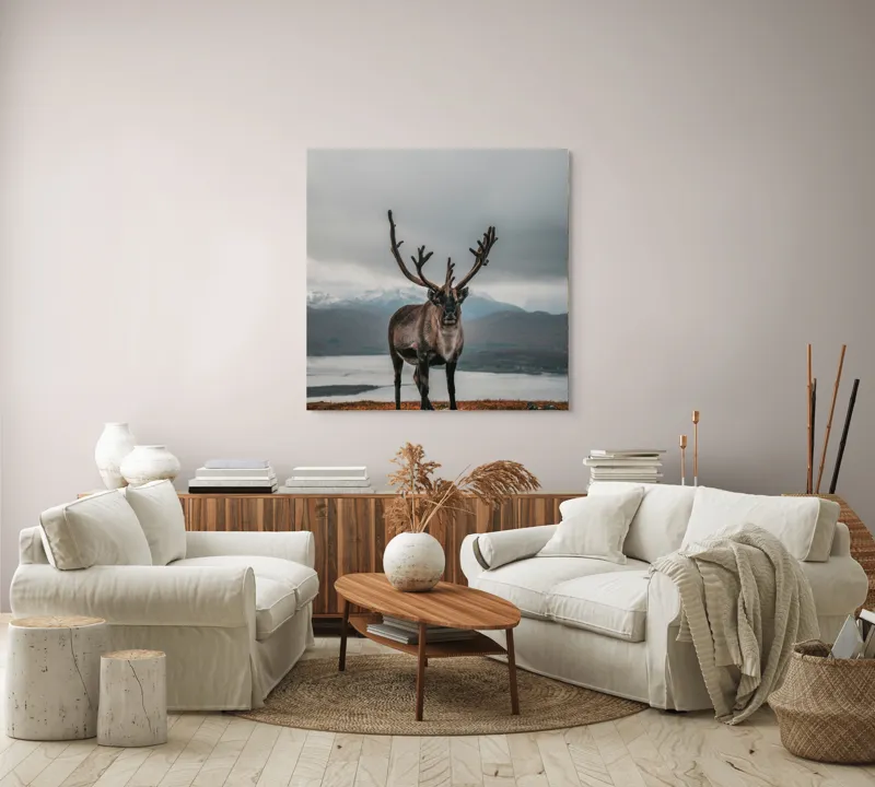 Tablou Canvas, "Rena pe crestele înzăpezite ale Nordului", Majestic, Solitary, Regal, Serene, Wilderness, Antlers, Majestic, Landscape, 100 x 100 cm – poza 3