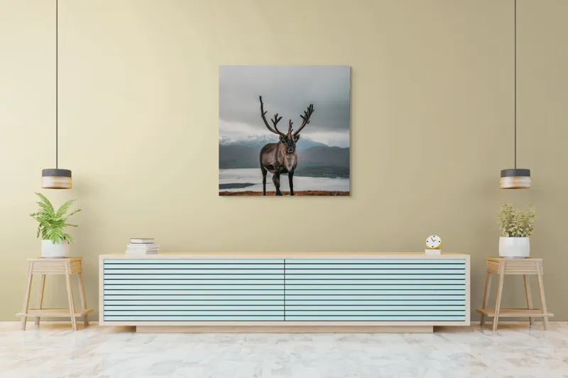 Tablou Canvas, "Rena pe crestele înzăpezite ale Nordului", Majestic, Solitary, Regal, Serene, Wilderness, Antlers, Majestic, Landscape, 100 x 100 cm – poza 5