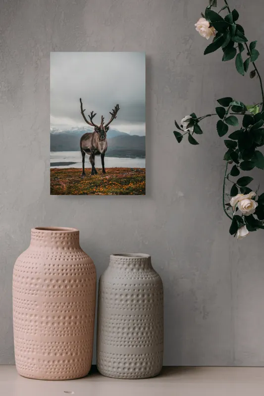 Tablou Canvas, "Rena pe crestele înzăpezite ale Nordului", Majestic, Solitary, Regal, Serene, Wilderness, Antlers, Majestic, Landscape, 26 x 39 cm – poza 6