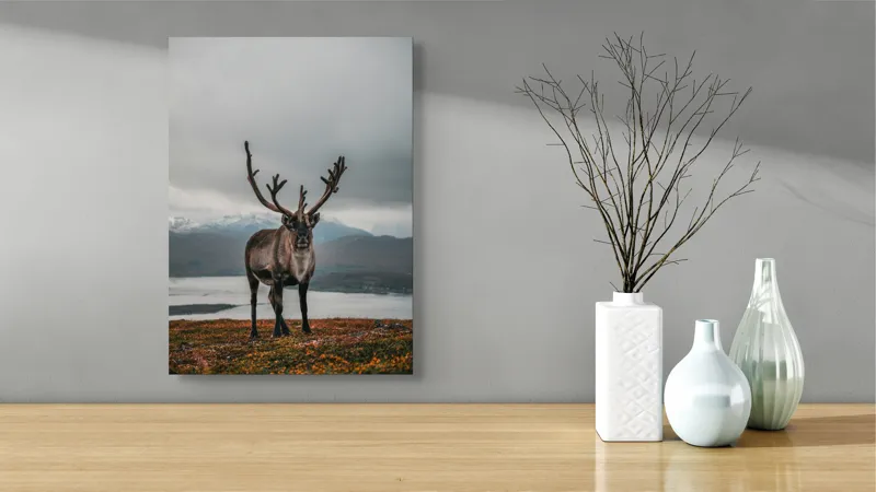 Tablou Canvas, "Rena pe crestele înzăpezite ale Nordului", Majestic, Solitary, Regal, Serene, Wilderness, Antlers, Majestic, Landscape, 39 x 54 cm – poza 4