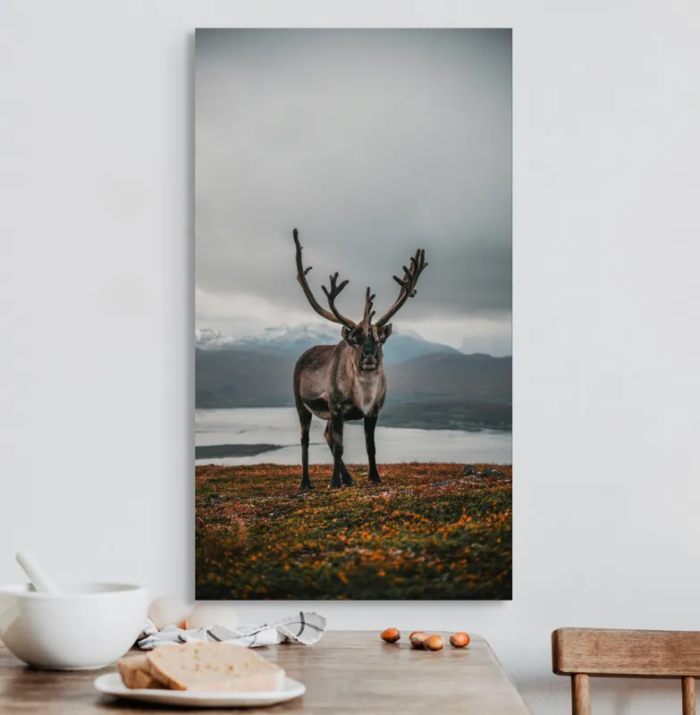 Tablou Canvas, "Rena pe crestele înzăpezite ale Nordului", Majestic, Solitary, Regal, Serene, Wilderness, Antlers, Majestic, Landscape, 50 x 90 cm – poza 3