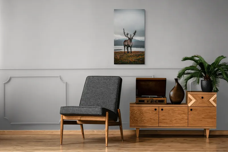 Tablou Canvas, "Rena pe crestele înzăpezite ale Nordului", Majestic, Solitary, Regal, Serene, Wilderness, Antlers, Majestic, Landscape, 50 x 90 cm – poza 8