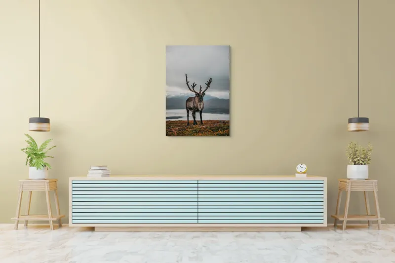 Tablou Canvas, "Rena pe crestele înzăpezite ale Nordului", Majestic, Solitary, Regal, Serene, Wilderness, Antlers, Majestic, Landscape, 70 x 100 cm – poza 5