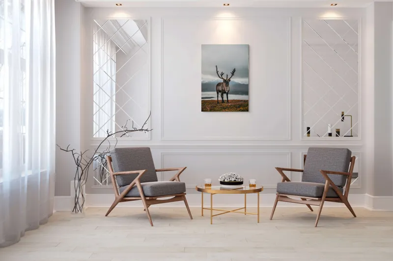 Tablou Canvas, "Rena pe crestele înzăpezite ale Nordului", Majestic, Solitary, Regal, Serene, Wilderness, Antlers, Majestic, Landscape, 70 x 100 cm – poza 8