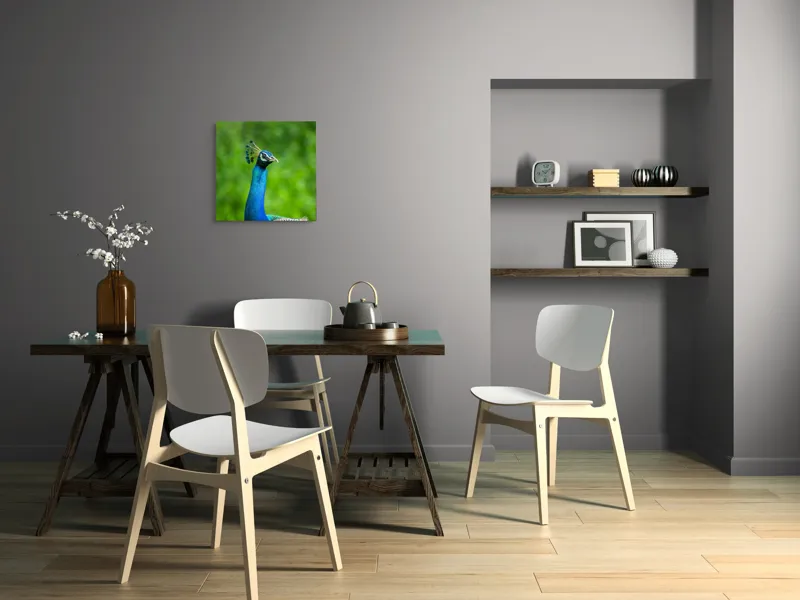Tablou Canvas, "Păunul într-o zi verde vibrantă", Magnific, Albastru, Penaj, Regal, Vibrant, Majestos, Elegant, Păun, 50 x 50 cm – poza 8
