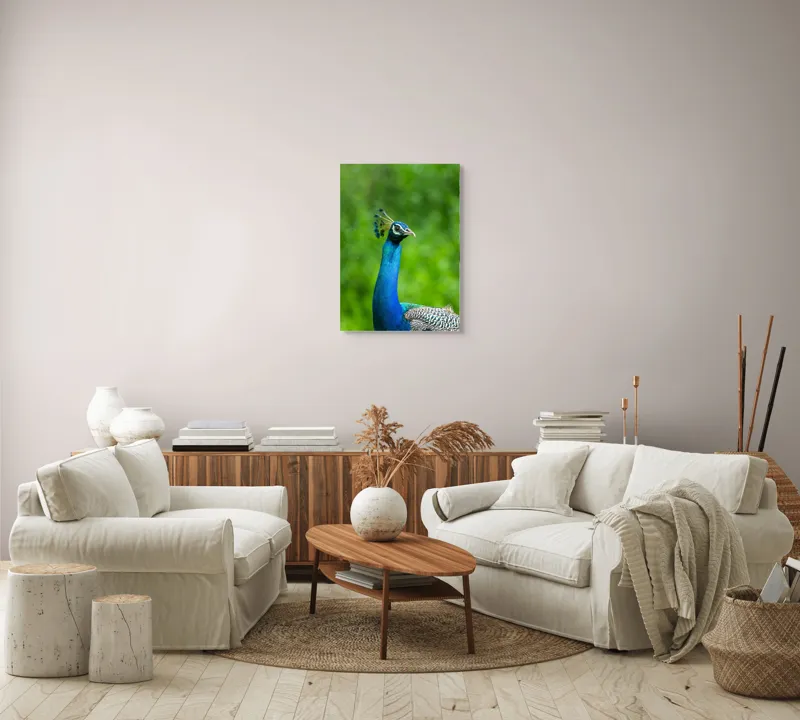 Tablou Canvas, "Păunul într-o zi verde vibrantă", Magnific, Albastru, Penaj, Regal, Vibrant, Majestos, Elegant, Păun, 50 x 70 cm – poza 4