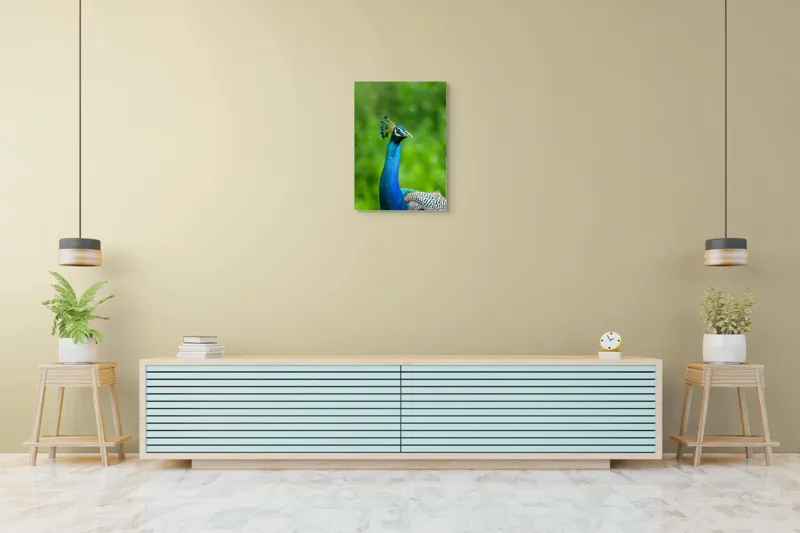 Tablou Canvas, "Păunul într-o zi verde vibrantă", Magnific, Albastru, Penaj, Regal, Vibrant, Majestos, Elegant, Păun, 50 x 70 cm – poza 6
