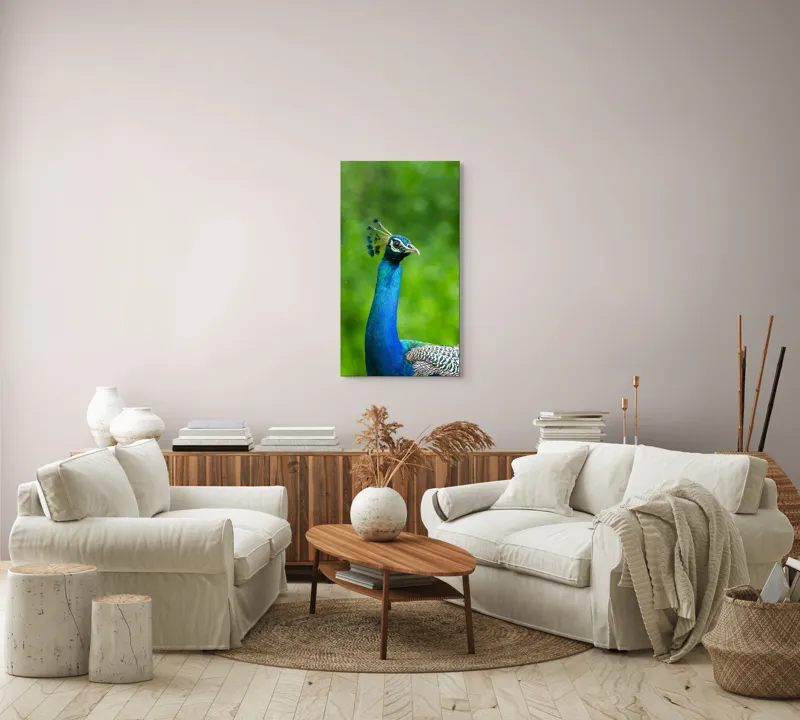 Tablou Canvas, "Păunul într-o zi verde vibrantă", Magnific, Albastru, Penaj, Regal, Vibrant, Majestos, Elegant, Păun, 50 x 90 cm – poza 7