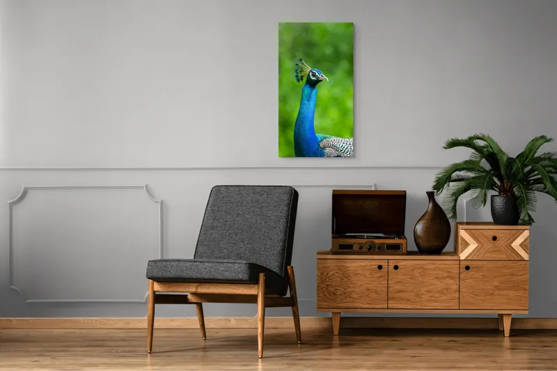 Tablou Canvas, "Păunul într-o zi verde vibrantă", Magnific, Albastru, Penaj, Regal, Vibrant, Majestos, Elegant, Păun, 50 x 90 cm – poza 8