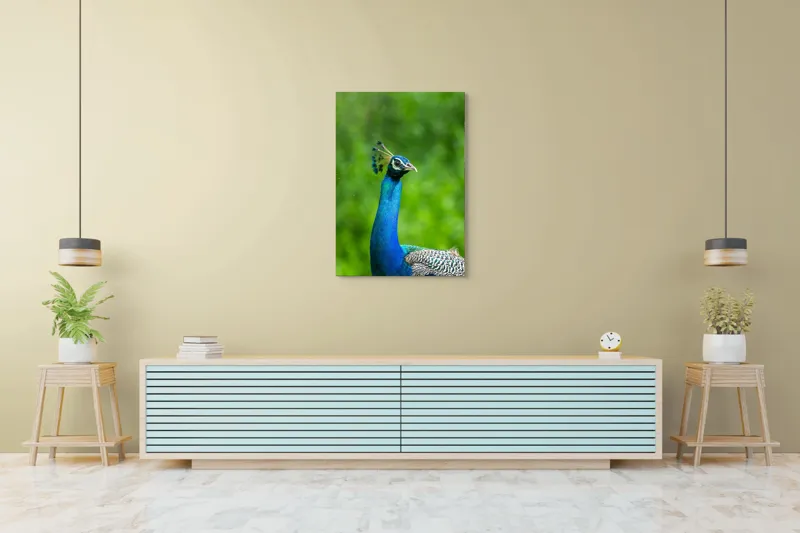 Tablou Canvas, "Păunul într-o zi verde vibrantă", Magnific, Albastru, Penaj, Regal, Vibrant, Majestos, Elegant, Păun, 70 x 100 cm – poza 5