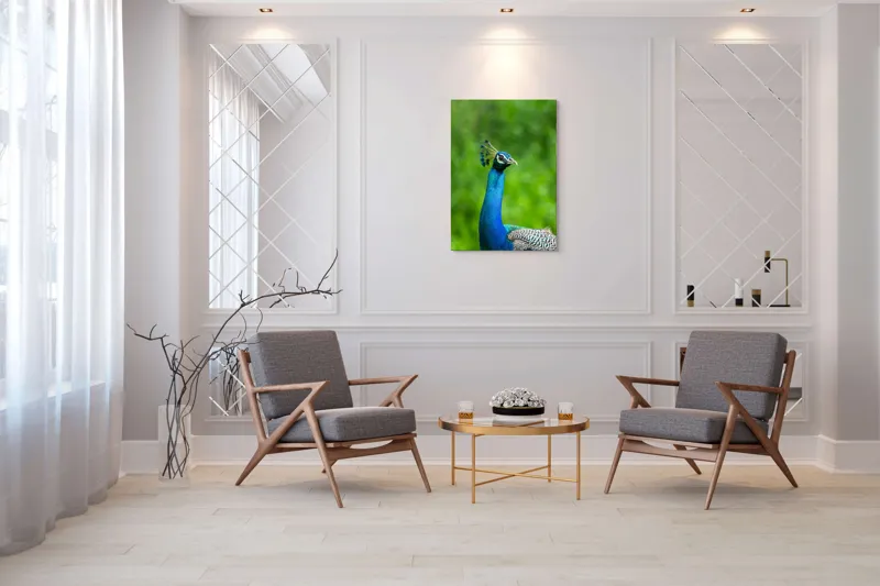 Tablou Canvas, "Păunul într-o zi verde vibrantă", Magnific, Albastru, Penaj, Regal, Vibrant, Majestos, Elegant, Păun, 70 x 100 cm – poza 8