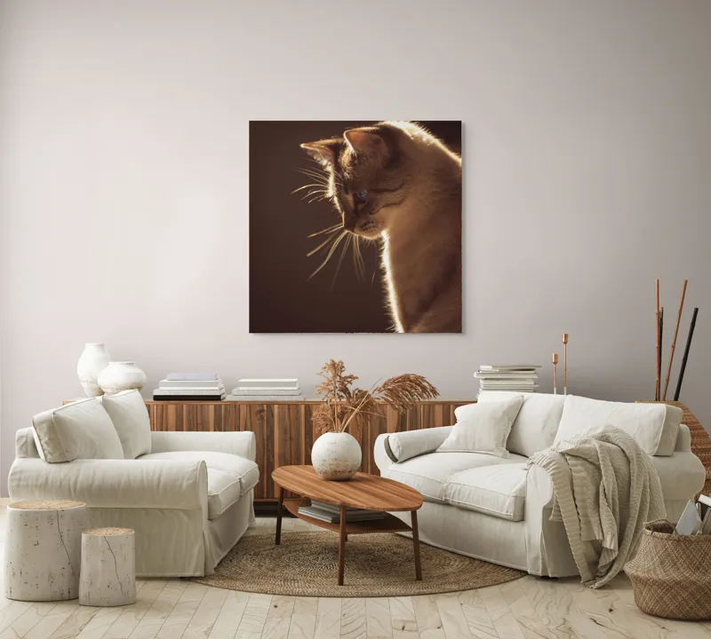 Tablou Canvas, "Lumina blândă a serii feline", Scânteie, Blană, Portret, Lumină, Siluetă, Ochii, Reflexie, Mister, Calm, Grație, 100 x 100 cm – poza 3