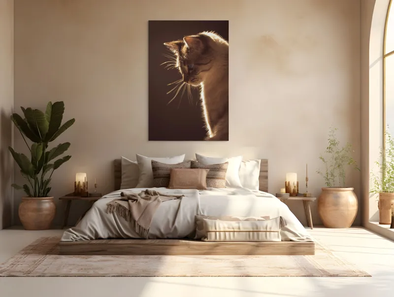 Tablou Canvas, "Lumina blândă a serii feline", Scânteie, Blană, Portret, Lumină, Siluetă, Ochii, Reflexie, Mister, Calm, Grație, 100 x 150 cm – poza 3