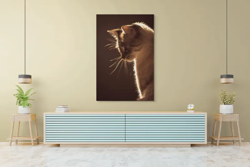 Tablou Canvas, "Lumina blândă a serii feline", Scânteie, Blană, Portret, Lumină, Siluetă, Ochii, Reflexie, Mister, Calm, Grație, 100 x 150 cm – poza 4