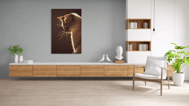 Tablou Canvas, "Lumina blândă a serii feline", Scânteie, Blană, Portret, Lumină, Siluetă, Ochii, Reflexie, Mister, Calm, Grație, 100 x 150 cm – poza 8