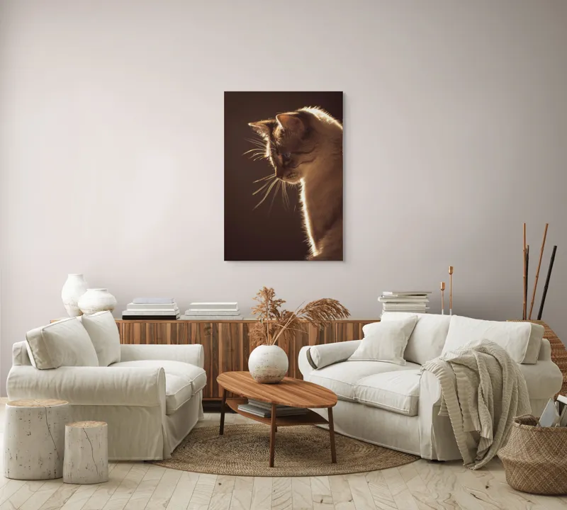 Tablou Canvas, "Lumina blândă a serii feline", Scânteie, Blană, Portret, Lumină, Siluetă, Ochii, Reflexie, Mister, Calm, Grație, 70 x 100 cm – poza 4
