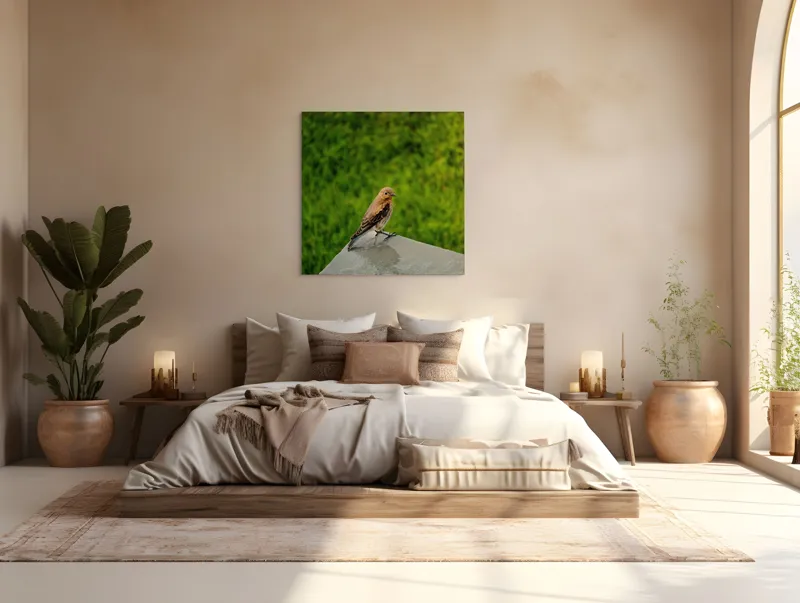 Tablou Canvas, "Pasărea contemplativă pe piatră udă", Pasăre, Verde, Natură, Panou, Singurătate, Contrast, Delicatețe, 100 x 100 cm – poza 4