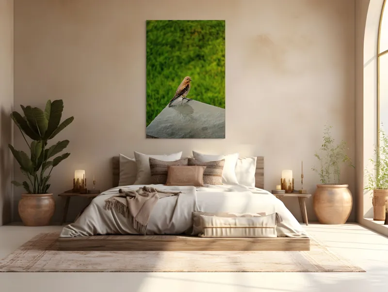 Tablou Canvas, "Pasărea contemplativă pe piatră udă", Pasăre, Verde, Natură, Panou, Singurătate, Contrast, Delicatețe, 100 x 150 cm – poza 3