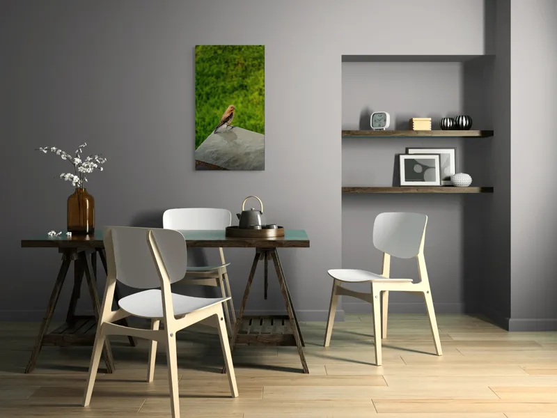 Tablou Canvas, "Pasărea contemplativă pe piatră udă", Pasăre, Verde, Natură, Panou, Singurătate, Contrast, Delicatețe, 50 x 90 cm – poza 4