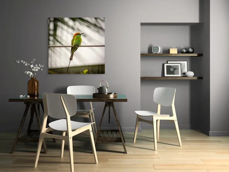 Tablou Canvas, "Pasărea culorilor tropicale odihnindu-se", Pene, Verde, Portocaliu, Fragil, Sârmă, Ochi, Vedere, Aripi, Contrast, Linia, Natură, 100 x 100 cm – poza 6