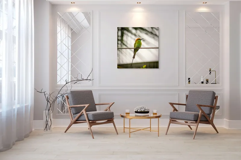 Tablou Canvas, "Pasărea culorilor tropicale odihnindu-se", Pene, Verde, Portocaliu, Fragil, Sârmă, Ochi, Vedere, Aripi, Contrast, Linia, Natură, 100 x 100 cm – poza 7