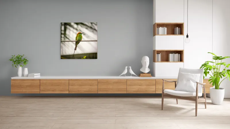 Tablou Canvas, "Pasărea culorilor tropicale odihnindu-se", Pene, Verde, Portocaliu, Fragil, Sârmă, Ochi, Vedere, Aripi, Contrast, Linia, Natură, 100 x 100 cm – poza 8