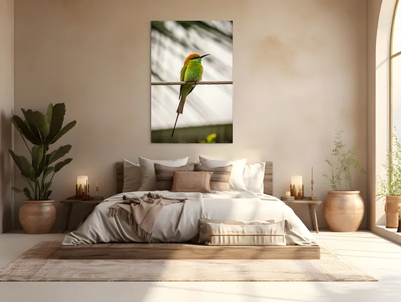 Tablou Canvas, "Pasărea culorilor tropicale odihnindu-se", Pene, Verde, Portocaliu, Fragil, Sârmă, Ochi, Vedere, Aripi, Contrast, Linia, Natură, 100 x 150 cm – poza 3