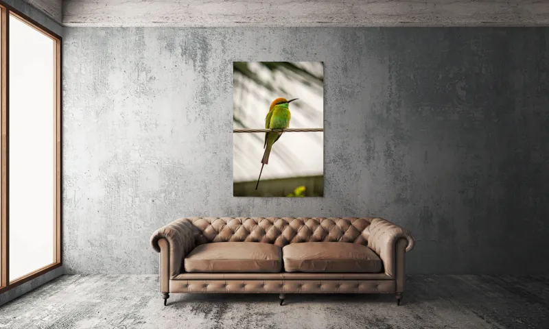 Tablou Canvas, "Pasărea culorilor tropicale odihnindu-se", Pene, Verde, Portocaliu, Fragil, Sârmă, Ochi, Vedere, Aripi, Contrast, Linia, Natură, 100 x 150 cm – poza 6