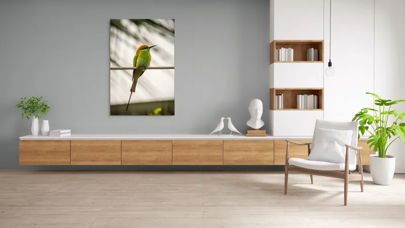 Tablou Canvas, "Pasărea culorilor tropicale odihnindu-se", Pene, Verde, Portocaliu, Fragil, Sârmă, Ochi, Vedere, Aripi, Contrast, Linia, Natură, 100 x 150 cm – poza 8